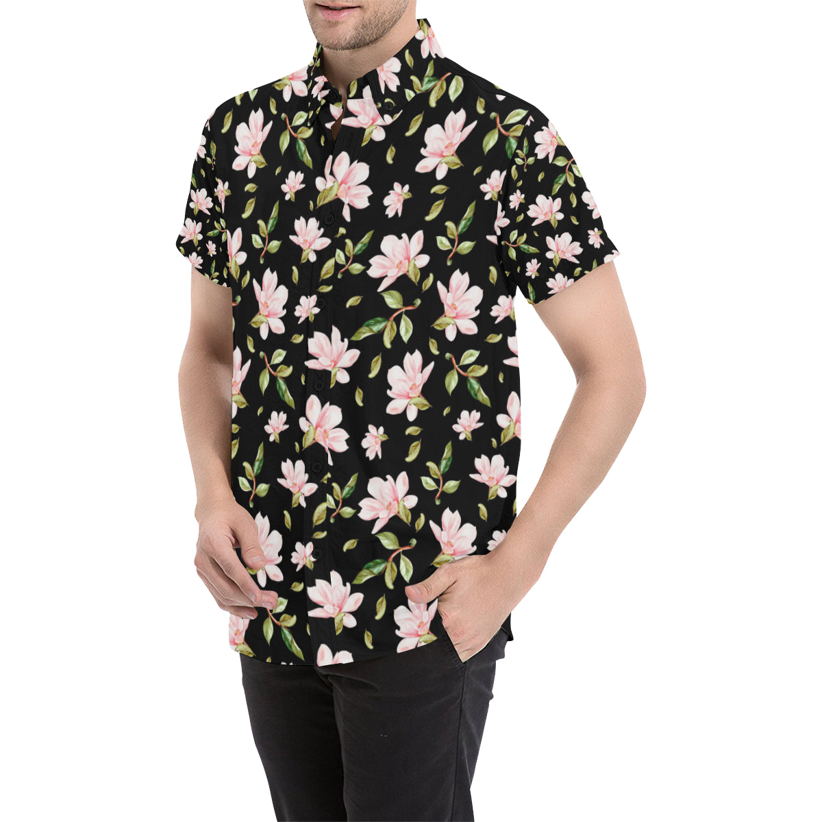 Magnolia Pattern Print Design MAG01 Men's Short Sleeve Button Up Shirt