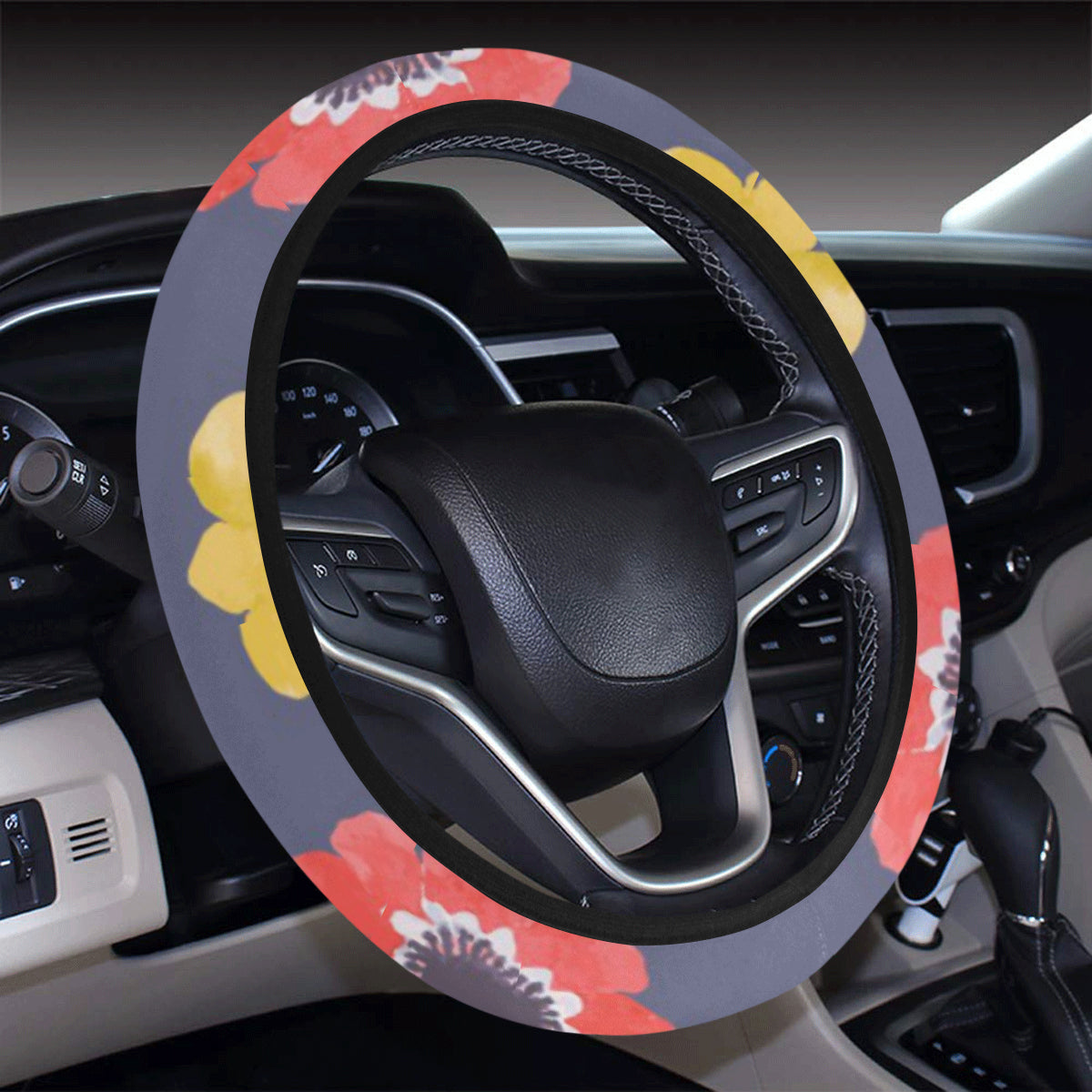 Anemone Pattern Print Design AM010 Steering Wheel Cover with Elastic Edge