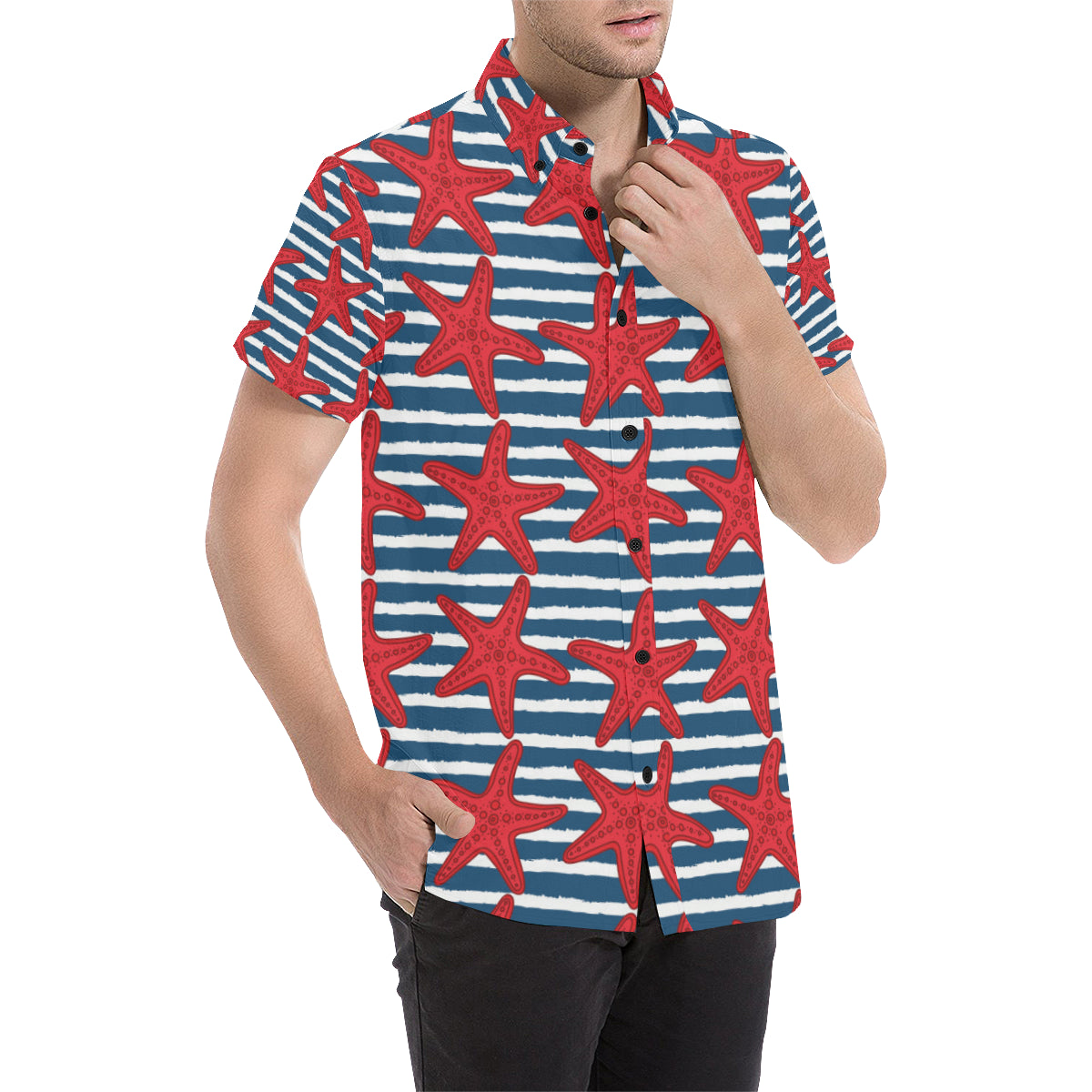 Starfish Red Pattern Print Design 02 Men's Short Sleeve Button Up Shirt
