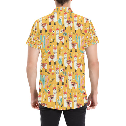 Llama Cute Themed Print Men's Short Sleeve Button Up Shirt