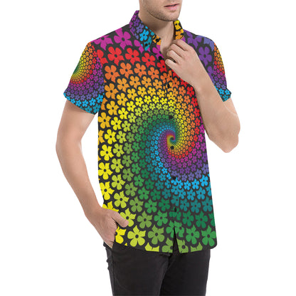 Flower Power Rainbow Spiral Print Men's Short Sleeve Button Up Shirt