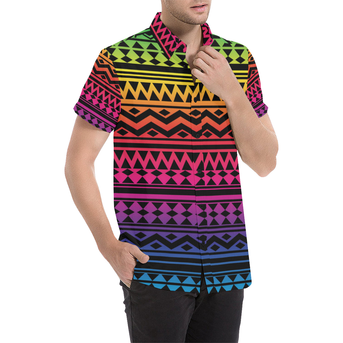 Rainbow Tribal Pattern Print Design A02 Men's Short Sleeve Button Up Shirt