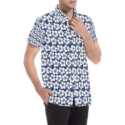 Hibiscus Blue Hawaiian Flower Pattern Men's Short Sleeve Button Up Shirt