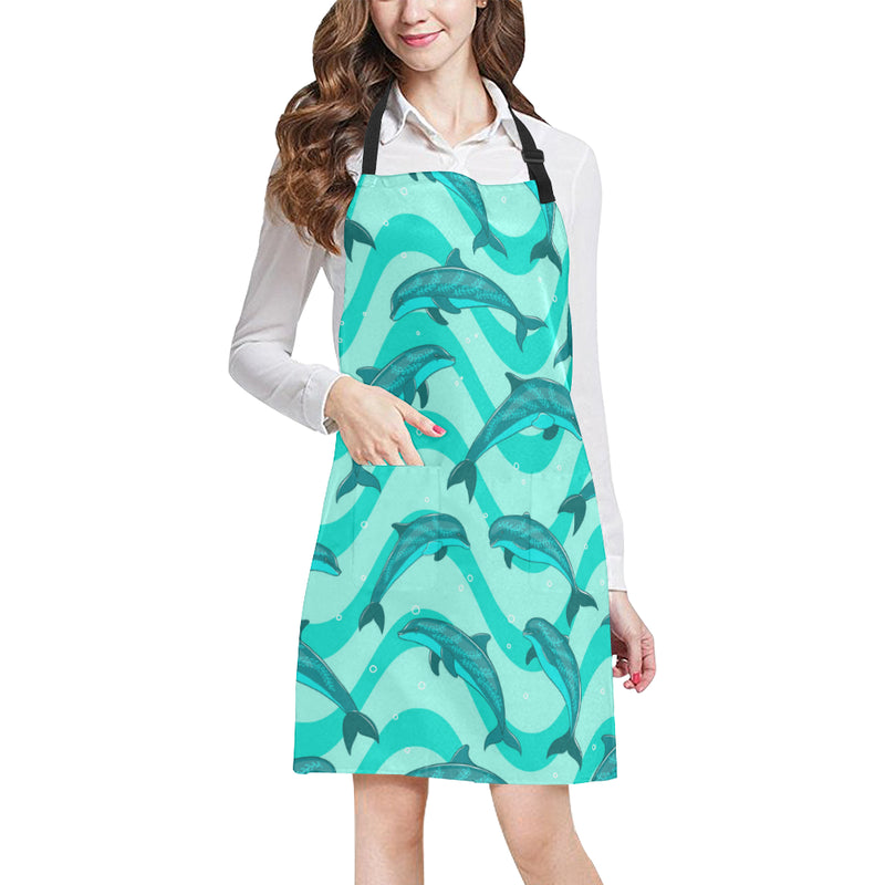 Dolphin Wave Print Apron with Pocket