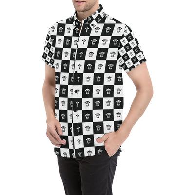 Checkered Flag Crown Pattern Men's Short Sleeve Button Up Shirt