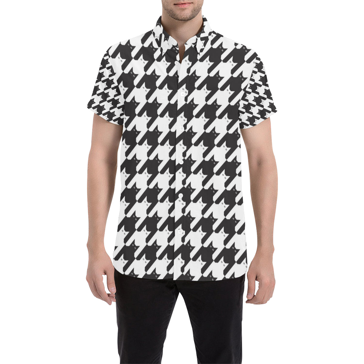 Cat HoundstoothPattern Print Design 01 Men's Short Sleeve Button Up Shirt