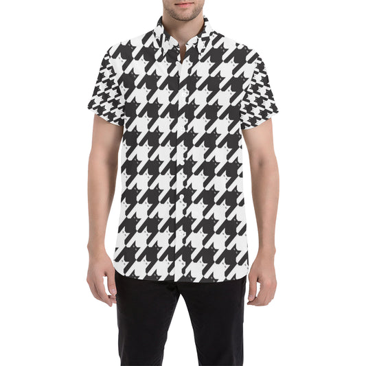 Cat HoundstoothPattern Print Design 01 Men's Short Sleeve Button Up Shirt