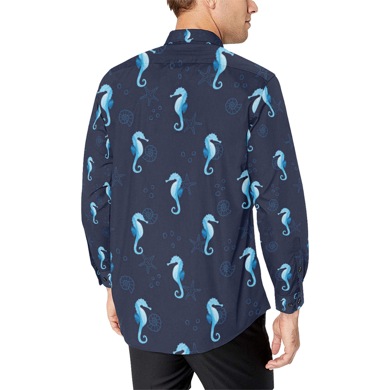 SeaHorse Blue neon Pattern Print Design 03 Men's Long Sleeve Shirt