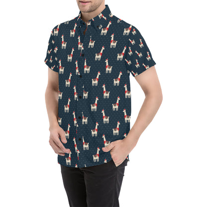 Llama with Polka Dot Themed Print Men's Short Sleeve Button Up Shirt
