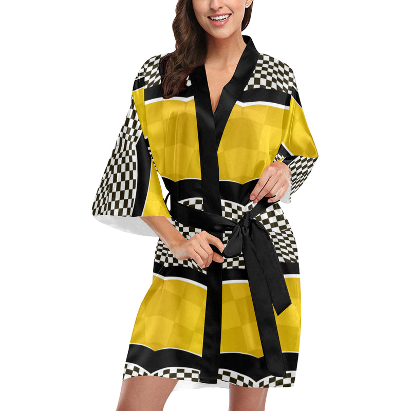 Checkered Pattern Print Design 02 Women's Short Kimono