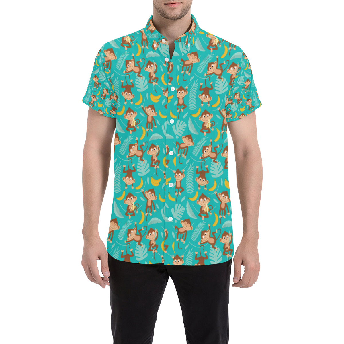 Monkey Happy Design Themed Print Men's Short Sleeve Button Up Shirt