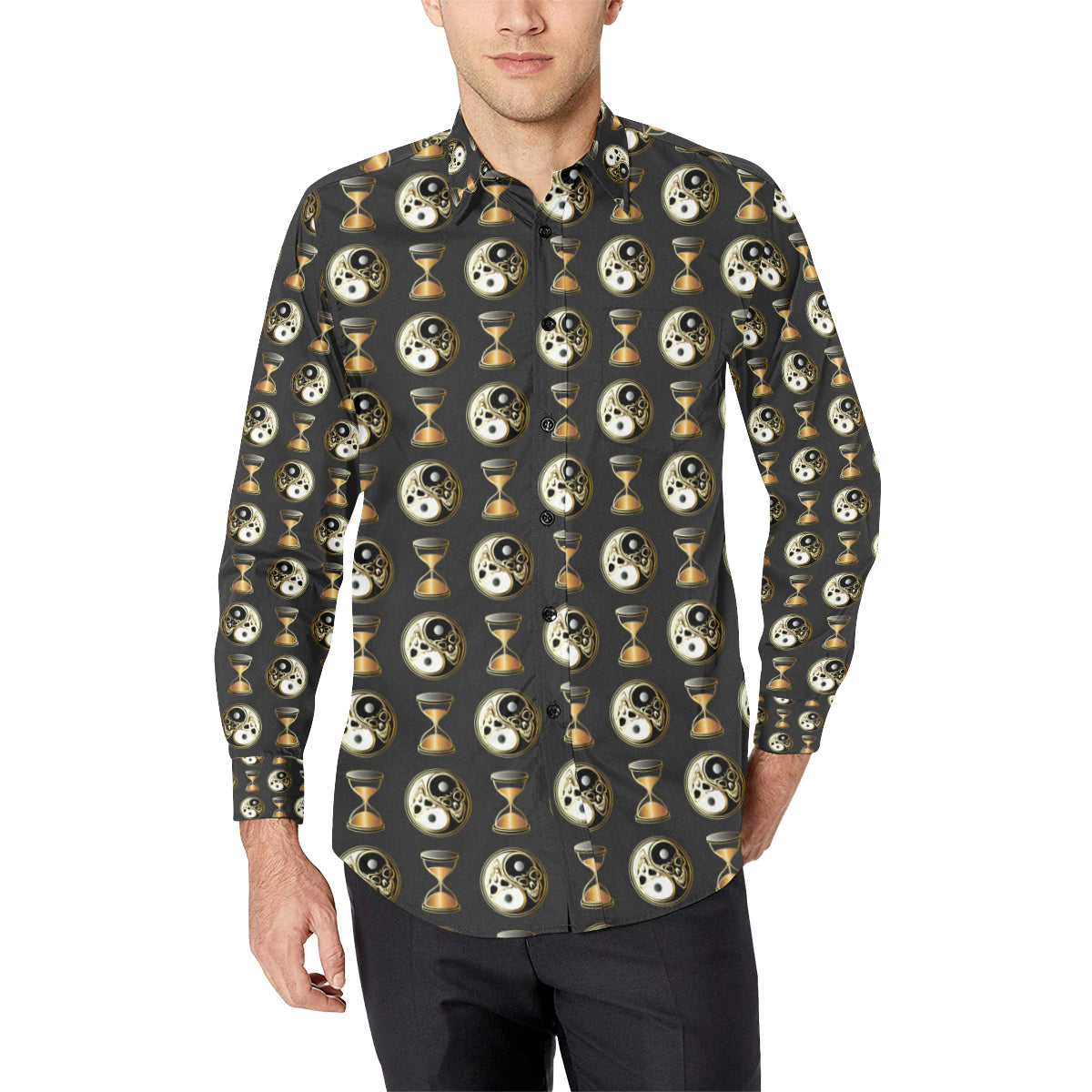 Yin Yang Skull Themed Design Print Men's Long Sleeve Shirt