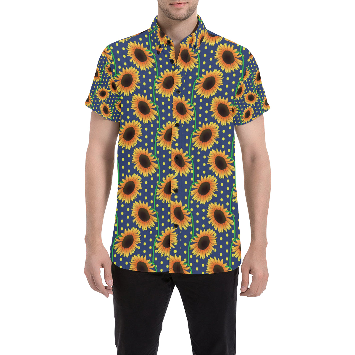 Sunflower Pattern Print Design SF03 Men's Short Sleeve Button Up Shirt