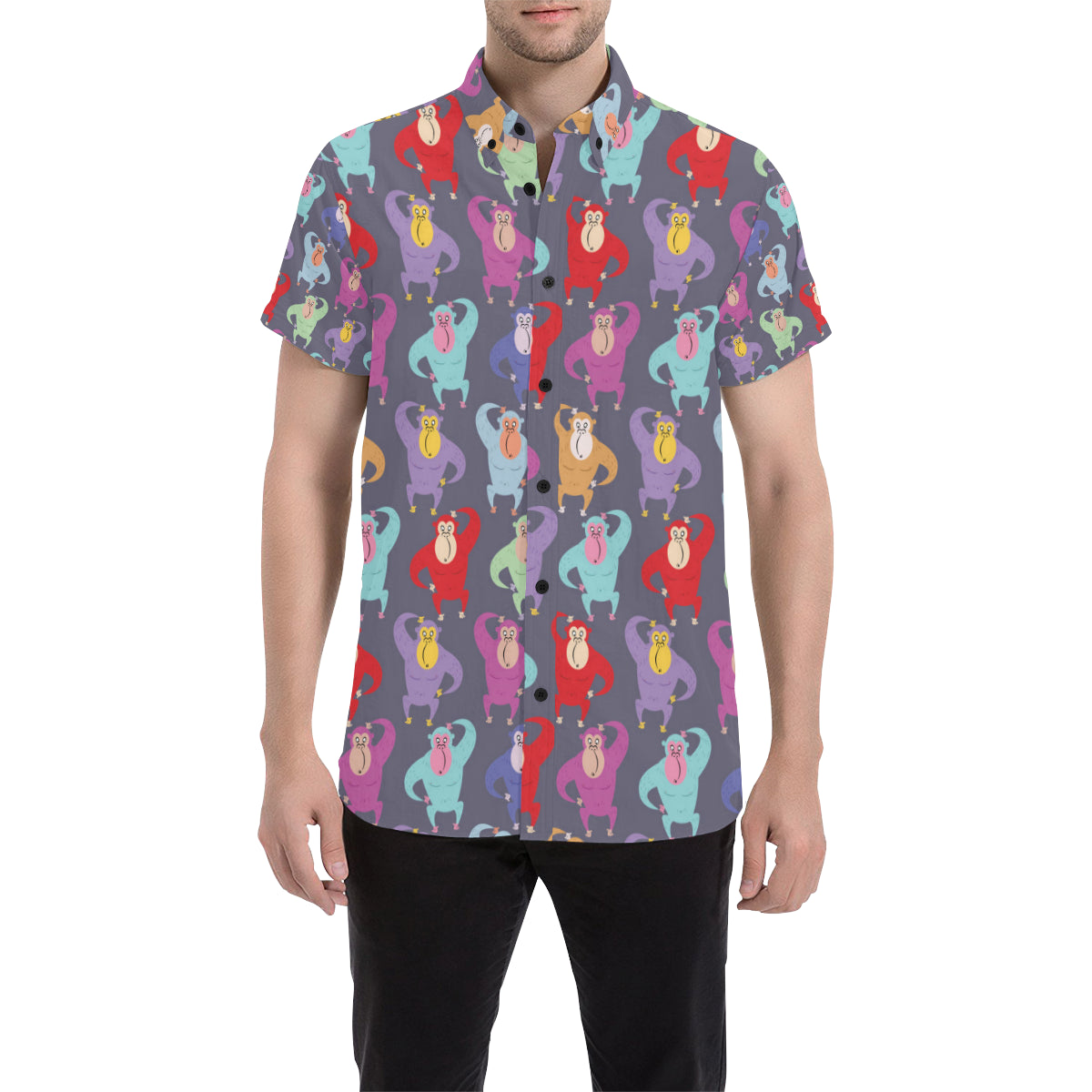 Chimpanzee Pattern Print Design 03 Men's Short Sleeve Button Up Shirt ...