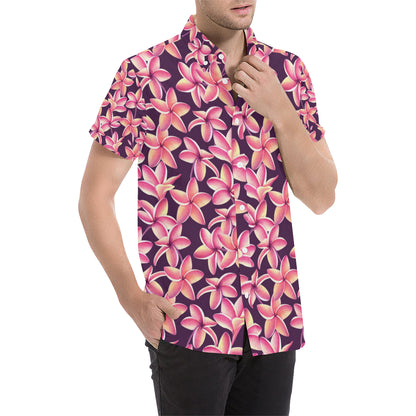 Purple Plumeria Pattern Print Design PM010 Men's Short Sleeve Button Up Shirt