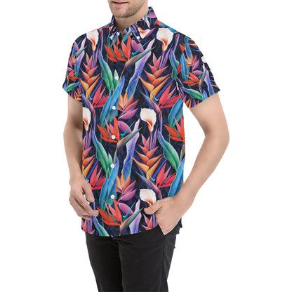 Tropical Flower Pattern Print Design TF023 Men's Short Sleeve Button Up Shirt