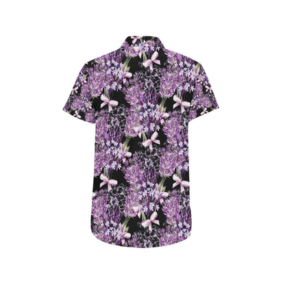 Lavender Pattern Print Design LV06 Men's Short Sleeve Button Up Shirt