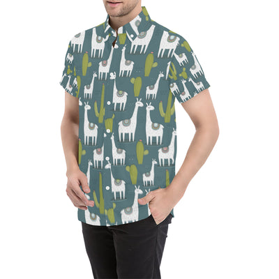 Llama Cactus Pattern Print Design 03 Men's Short Sleeve Button Up Shirt