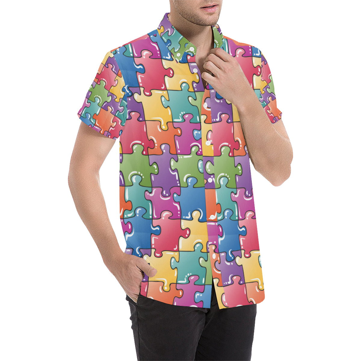 Puzzle Pattern Print Design A05 Men's Short Sleeve Button Up Shirt