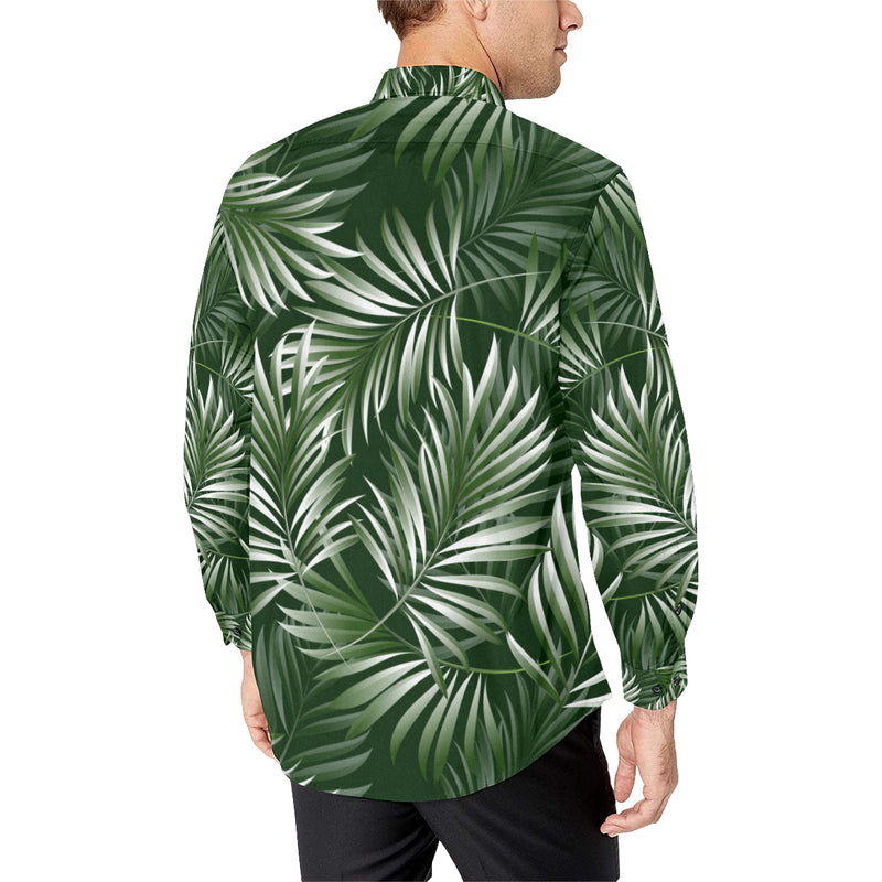 White Green Tropical Palm Leaves Men's Long Sleeve Shirt