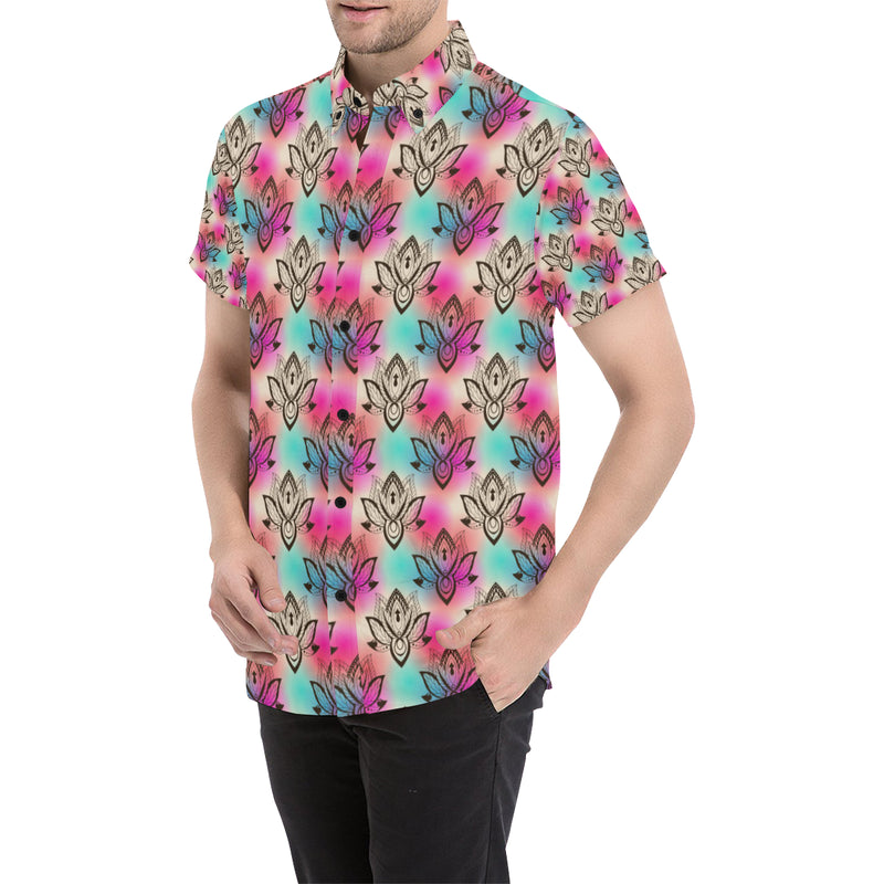 lotus Boho Pattern Print Design LO02 Men's Short Sleeve Button Up Shirt