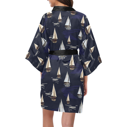 Sailing Ships Pattern Print Design A05 Women's Short Kimono