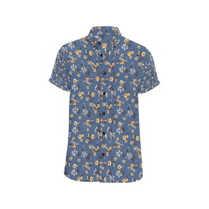 Hawaiian Flower Blue Print Men's Short Sleeve Button Up Shirt