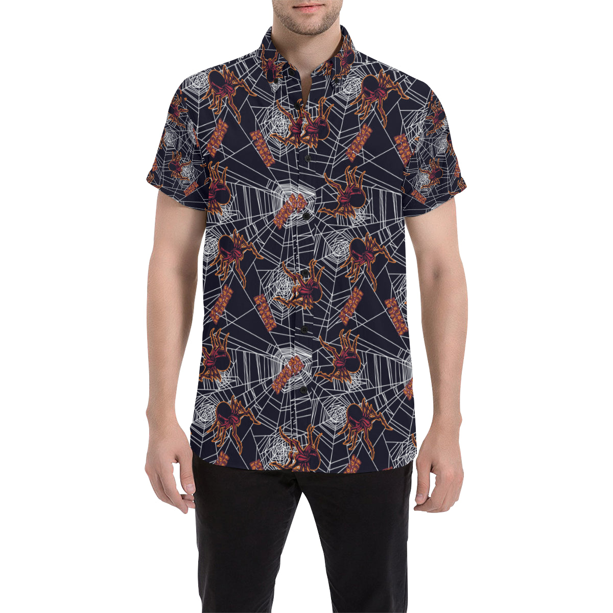 Tarantula Spiderwebs Pattern Print Design 01 Men's Short Sleeve Button Up Shirt
