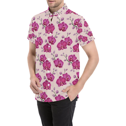 Orchid Purple Pattern Print Design OR04 Men's Short Sleeve Button Up Shirt