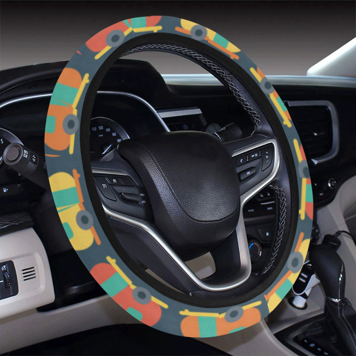 Camper Pattern Print Design 02 Steering Wheel Cover with Elastic Edge