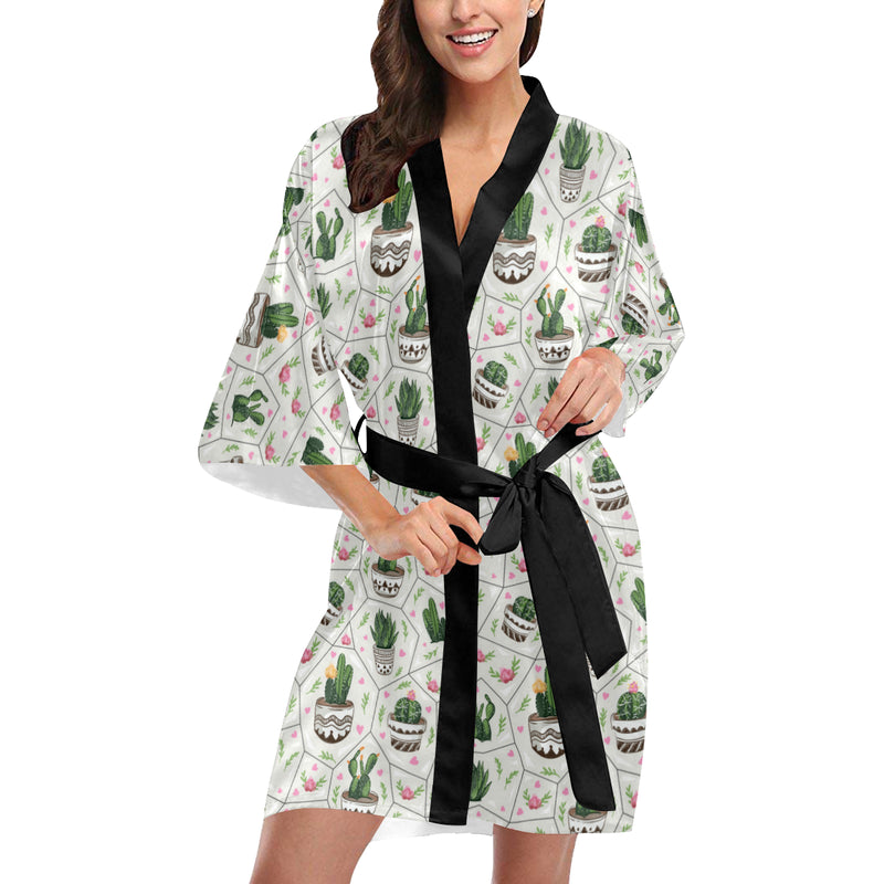 Cactus Pattern Print Design 04 Women's Short Kimono