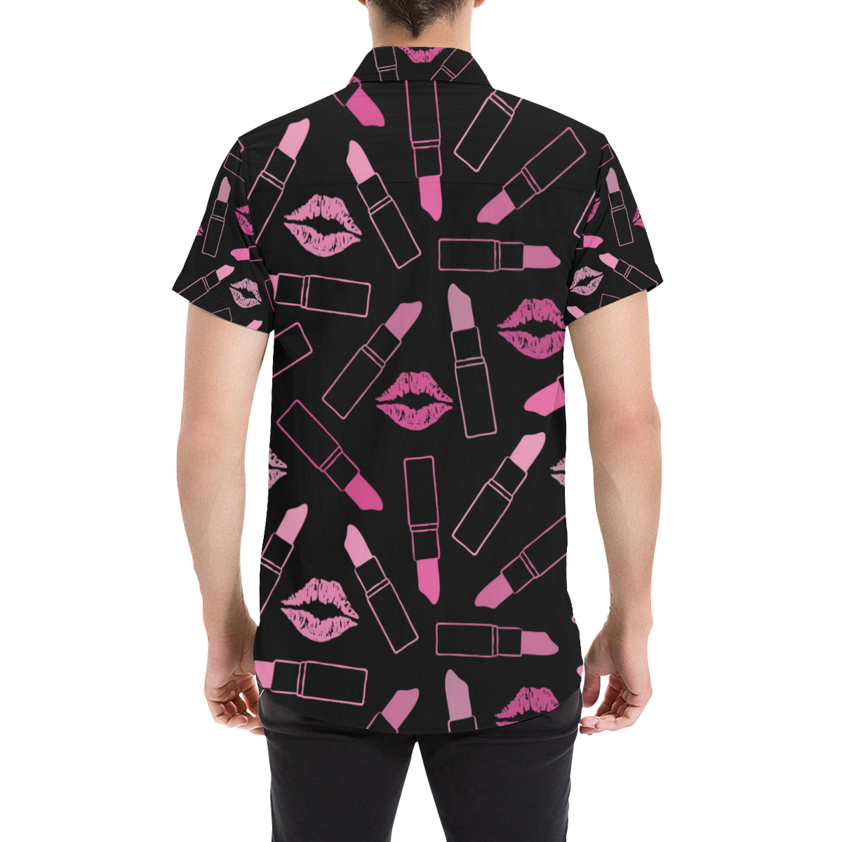 Lipstick Pink Pattern Print Design 01 Men's Short Sleeve Button Up Shirt