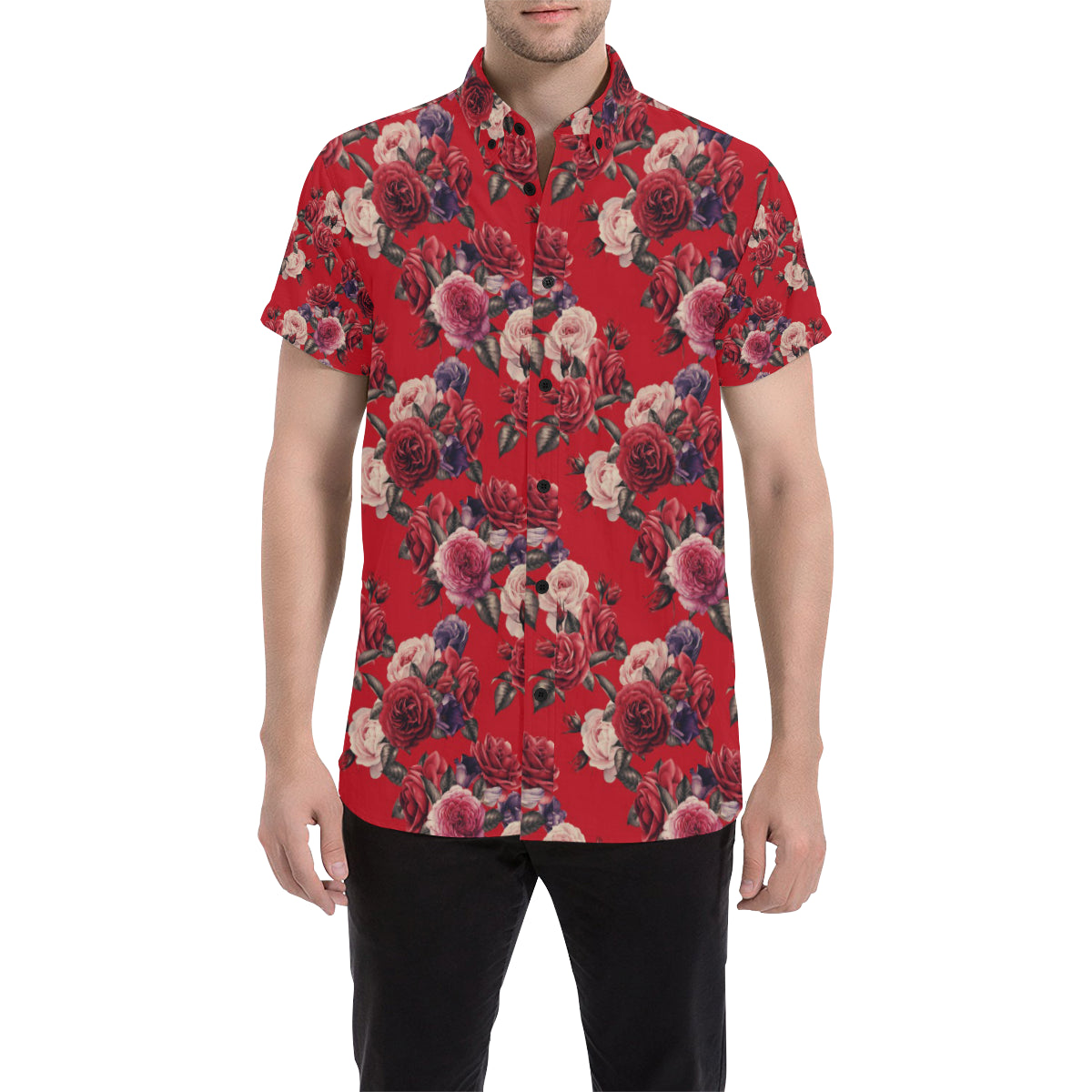 Rose Red Pattern Print Design RO07 Men's Short Sleeve Button Up Shirt