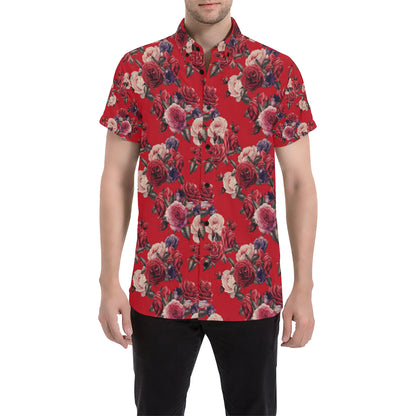 Rose Red Pattern Print Design RO07 Men's Short Sleeve Button Up Shirt