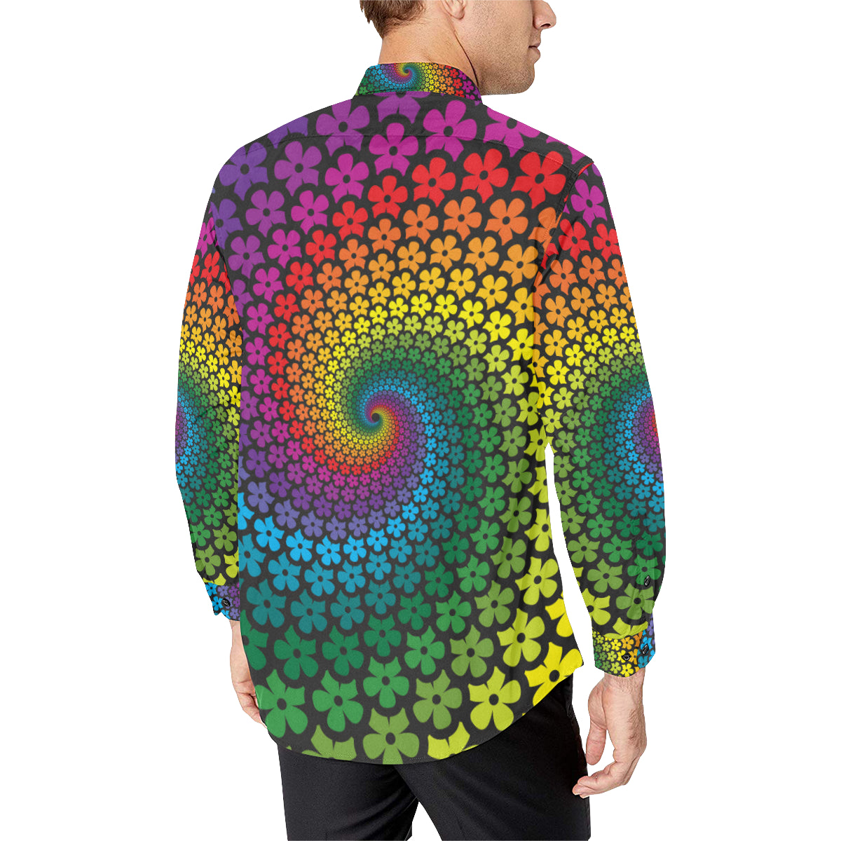 Flower Power Rainbow Spiral Print Men's Long Sleeve Shirt