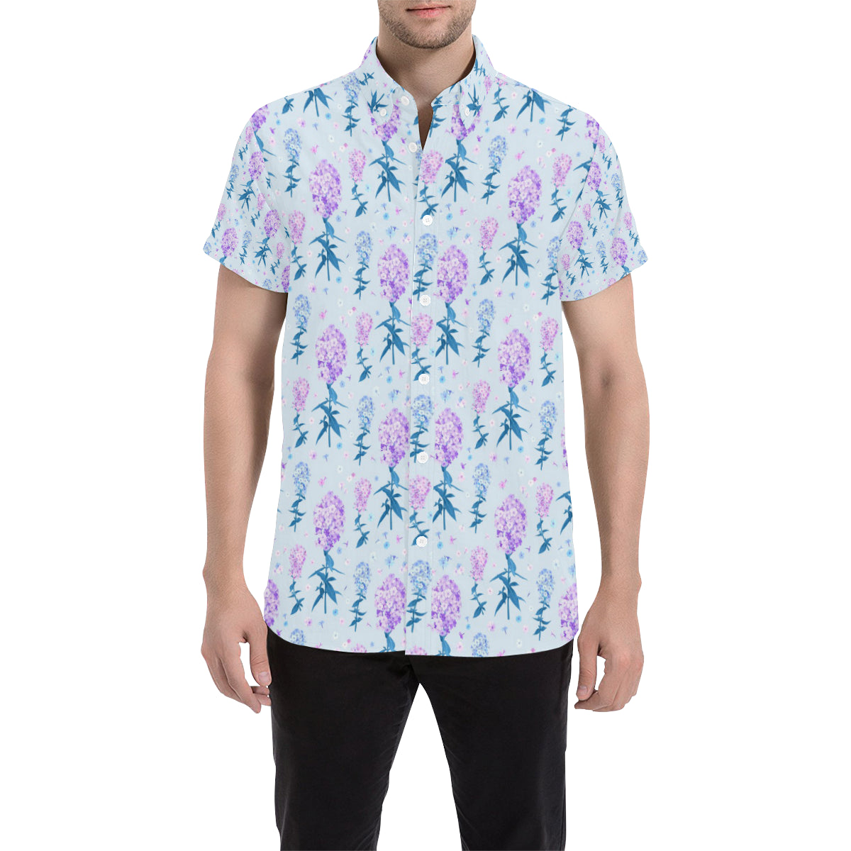 Lilac Pattern Print Design LI05 Men's Short Sleeve Button Up Shirt