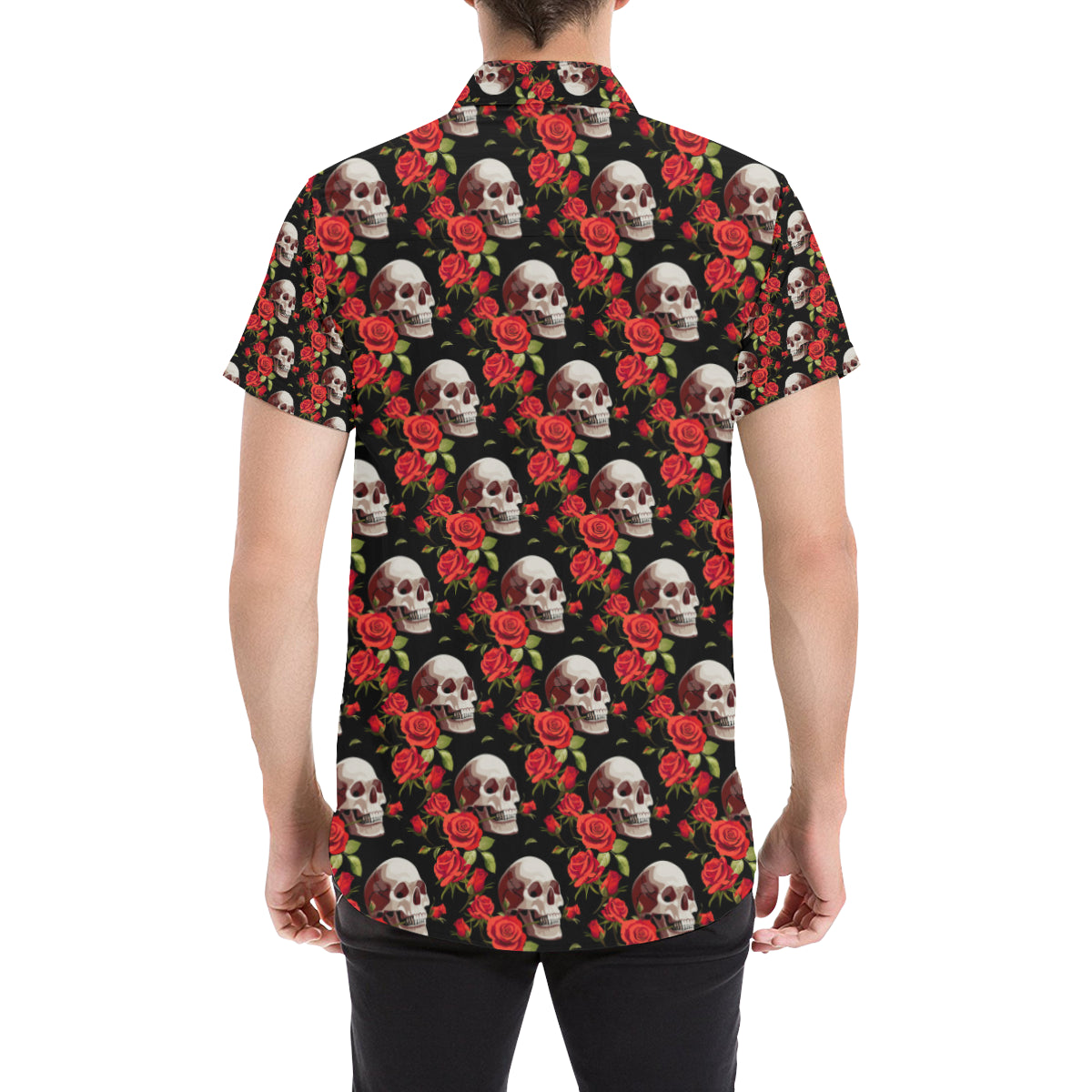 Red Rose Skull Design Print Men's Short Sleeve Button Up Shirt