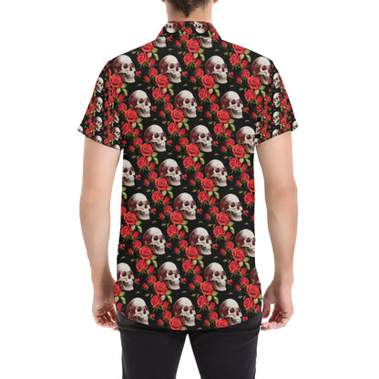 Red Rose Skull Design Print Men's Short Sleeve Button Up Shirt