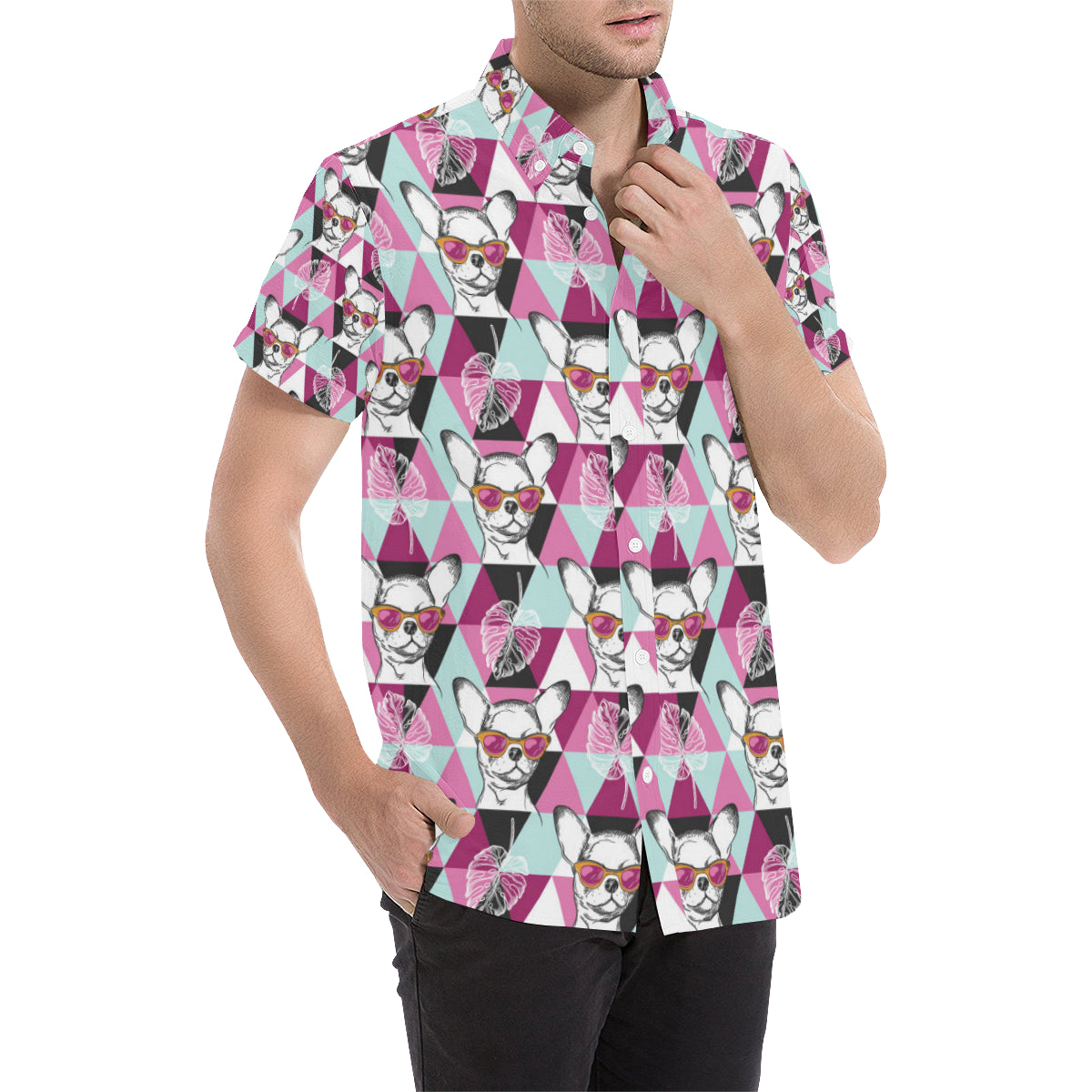 Chihuahua Cute Triangle Pattern Men's Short Sleeve Button Up Shirt