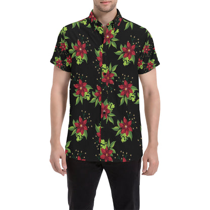 Poinsettia Pattern Print Design A01 Men's Short Sleeve Button Up Shirt