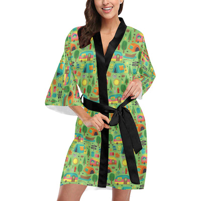 Camping Camper Pattern Print Design 04 Women's Short Kimono