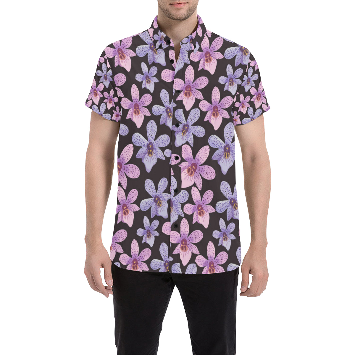 Orchid Pattern Print Design OR08 Men's Short Sleeve Button Up Shirt