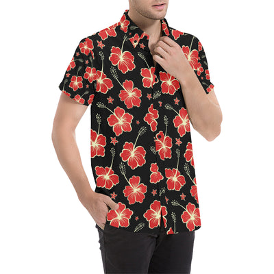 Red Hibiscus Pattern Print Design HB021 Men's Short Sleeve Button Up Shirt