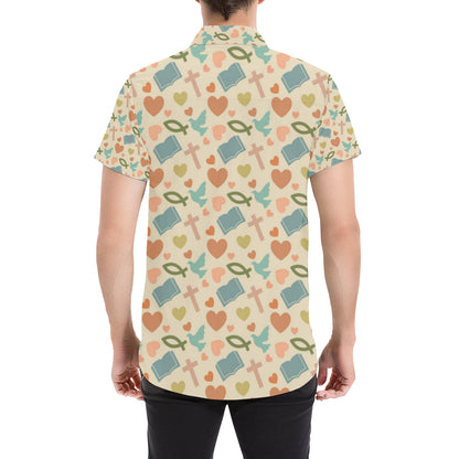 Christian Symbol Pattern Men's Short Sleeve Button Up Shirt