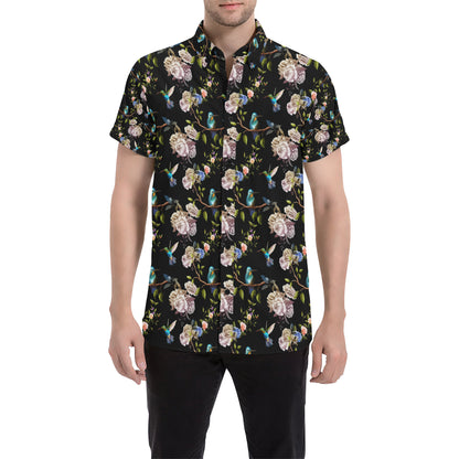 Hummingbird Flower Themed Print Men's Short Sleeve Button Up Shirt