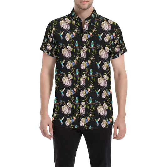 Hummingbird Flower Themed Print Men's Short Sleeve Button Up Shirt
