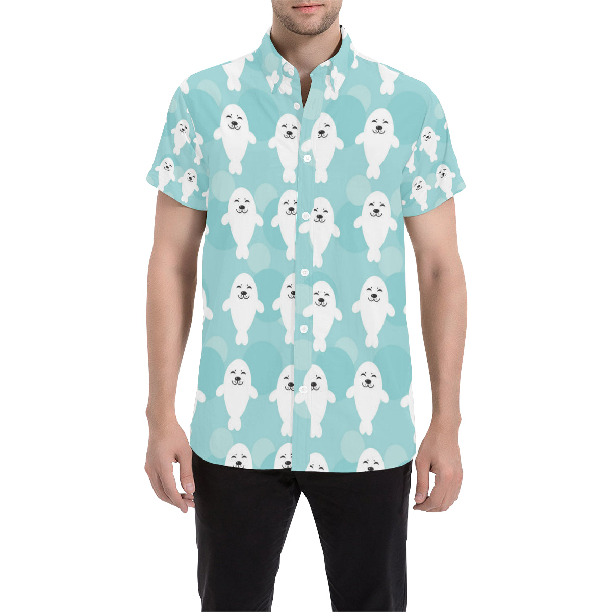 Sea Lion Baby Pattern Print Design 01 Men's Short Sleeve Button Up Shirt