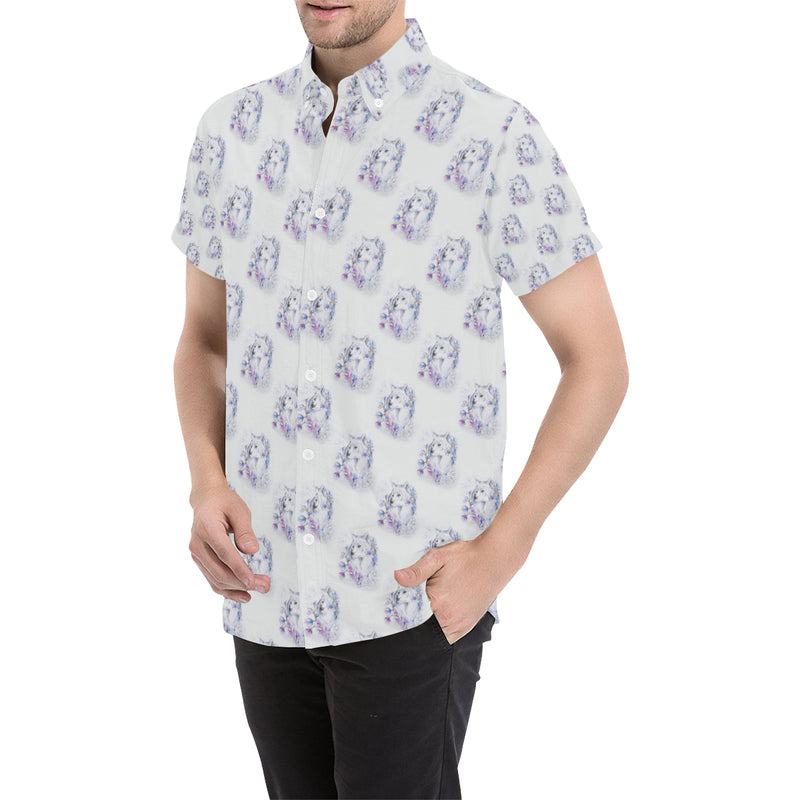 Wolf with Flower Print Design Men's Short Sleeve Button Up Shirt