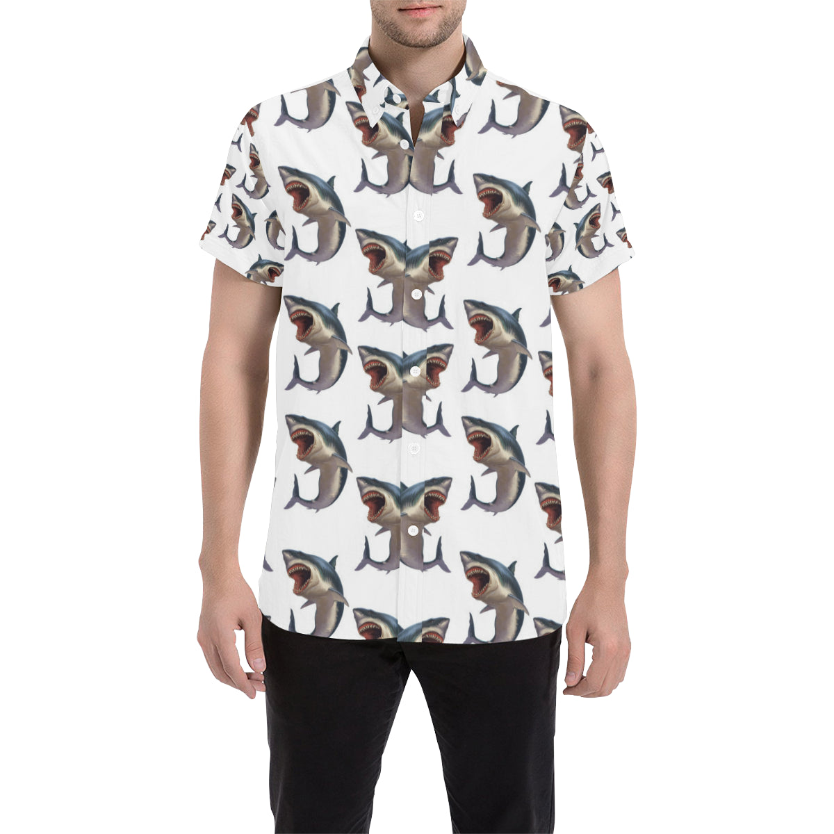 Great White Shark Pattern Print Design 03 Men's Short Sleeve Button Up Shirt