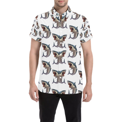 Great White Shark Pattern Print Design 03 Men's Short Sleeve Button Up Shirt